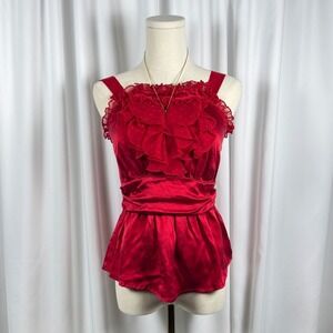 Bebe Red 100% Silk Ruffle Front Swiss Dot Mesh Empire Waist Smocked Top